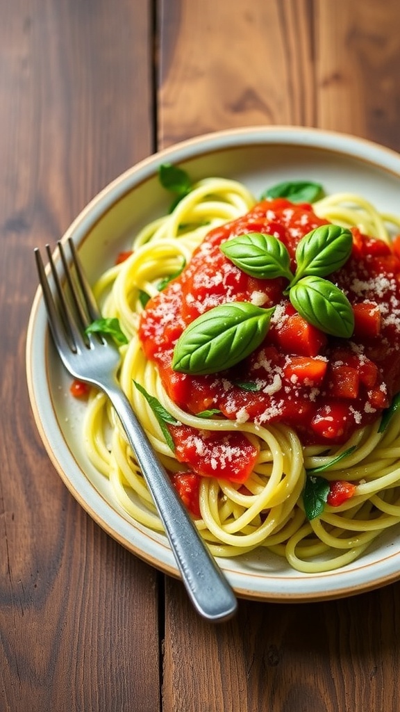 Zucchini noodles with marinara sauce, garnished with basil and Parmesan on a wooden table.